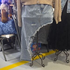 Fashion Nova Asymmetrical Distressed Denim Skirt - Blue